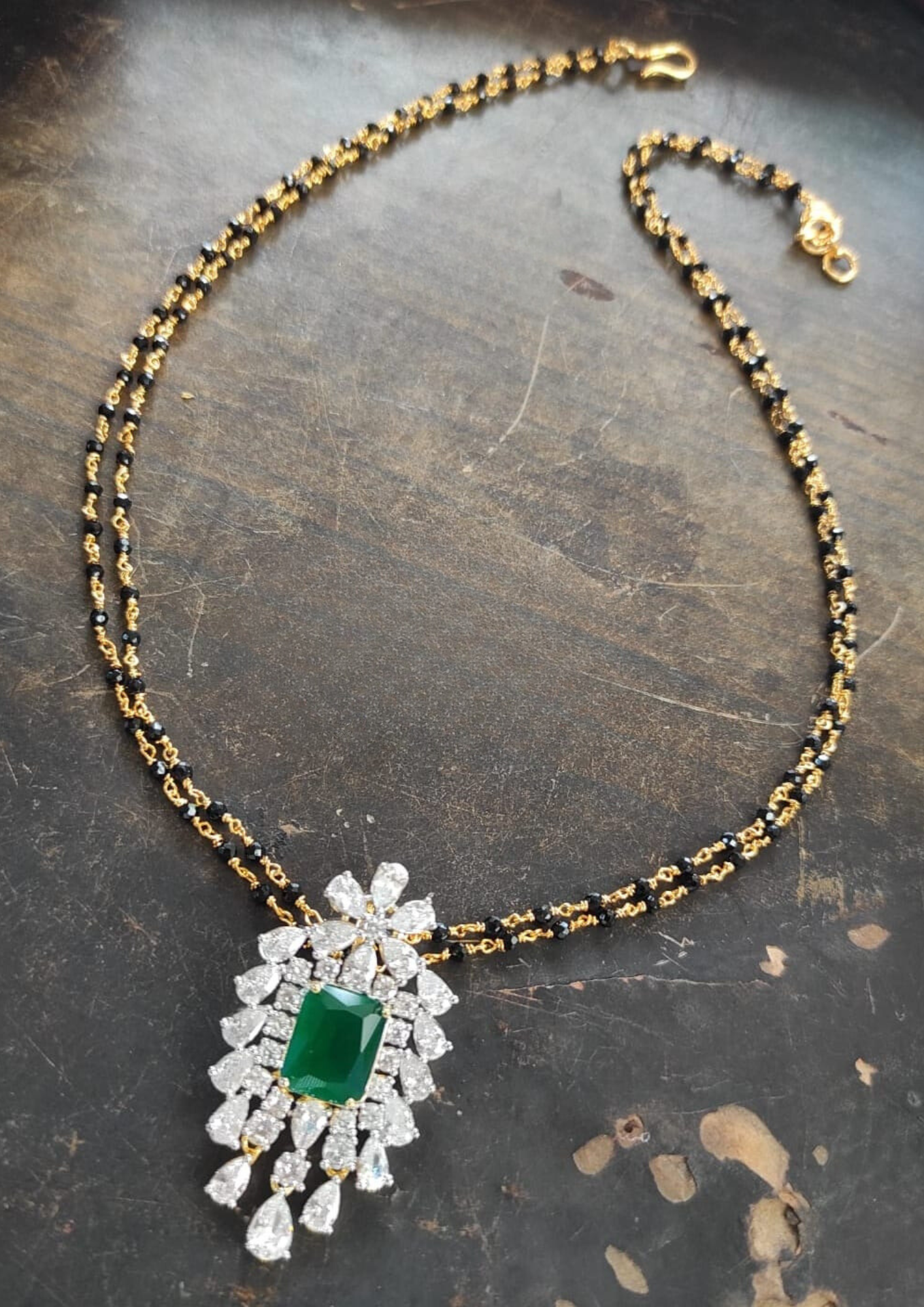 American diamond stone pendent with two layer black beads necklace