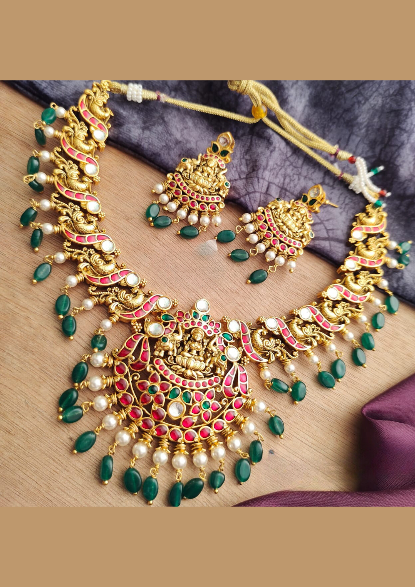 Jadau kundan and beads lord lakshmi necklace with earrings