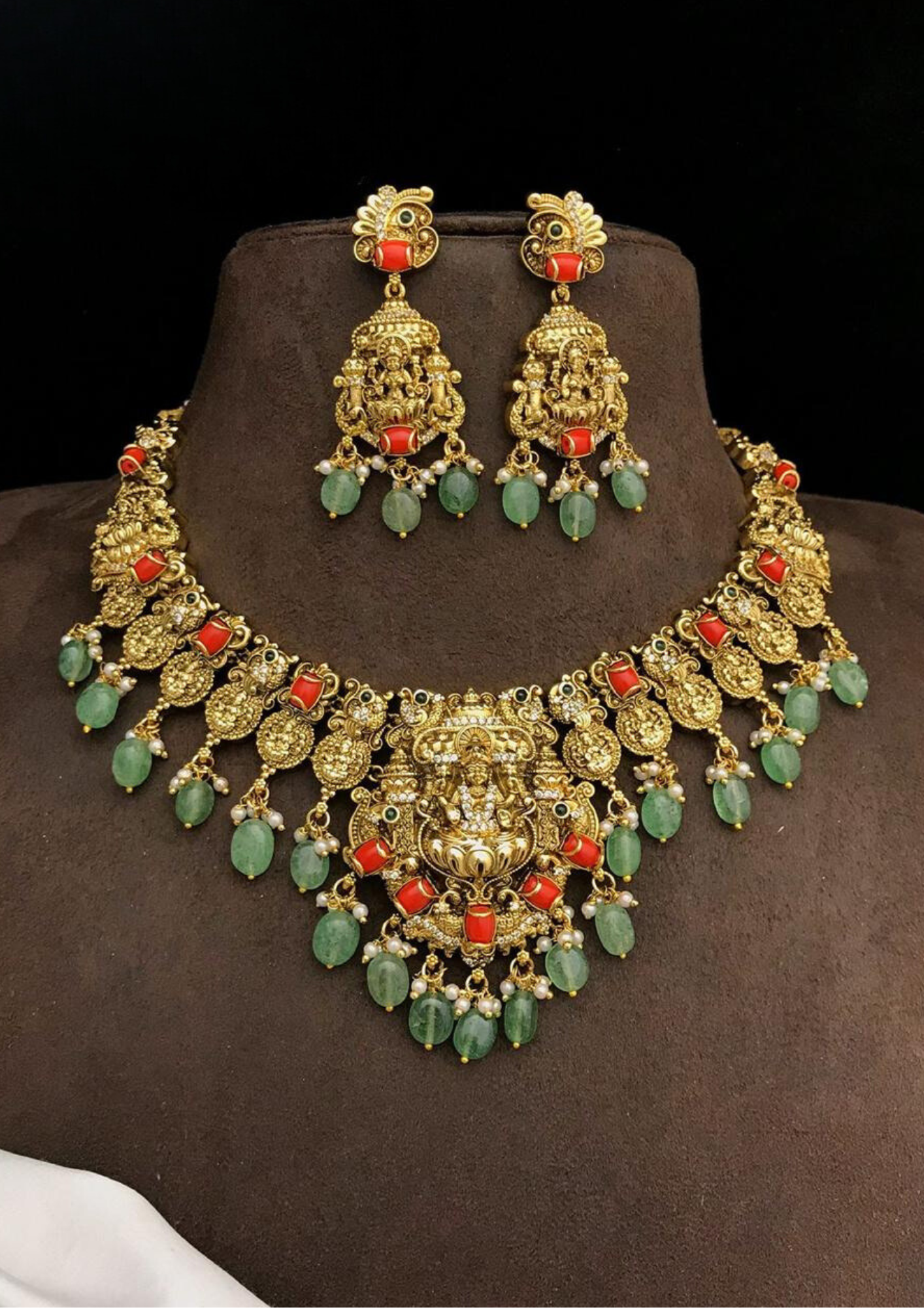 Kundan beads lord lakshmi necklace and earrings