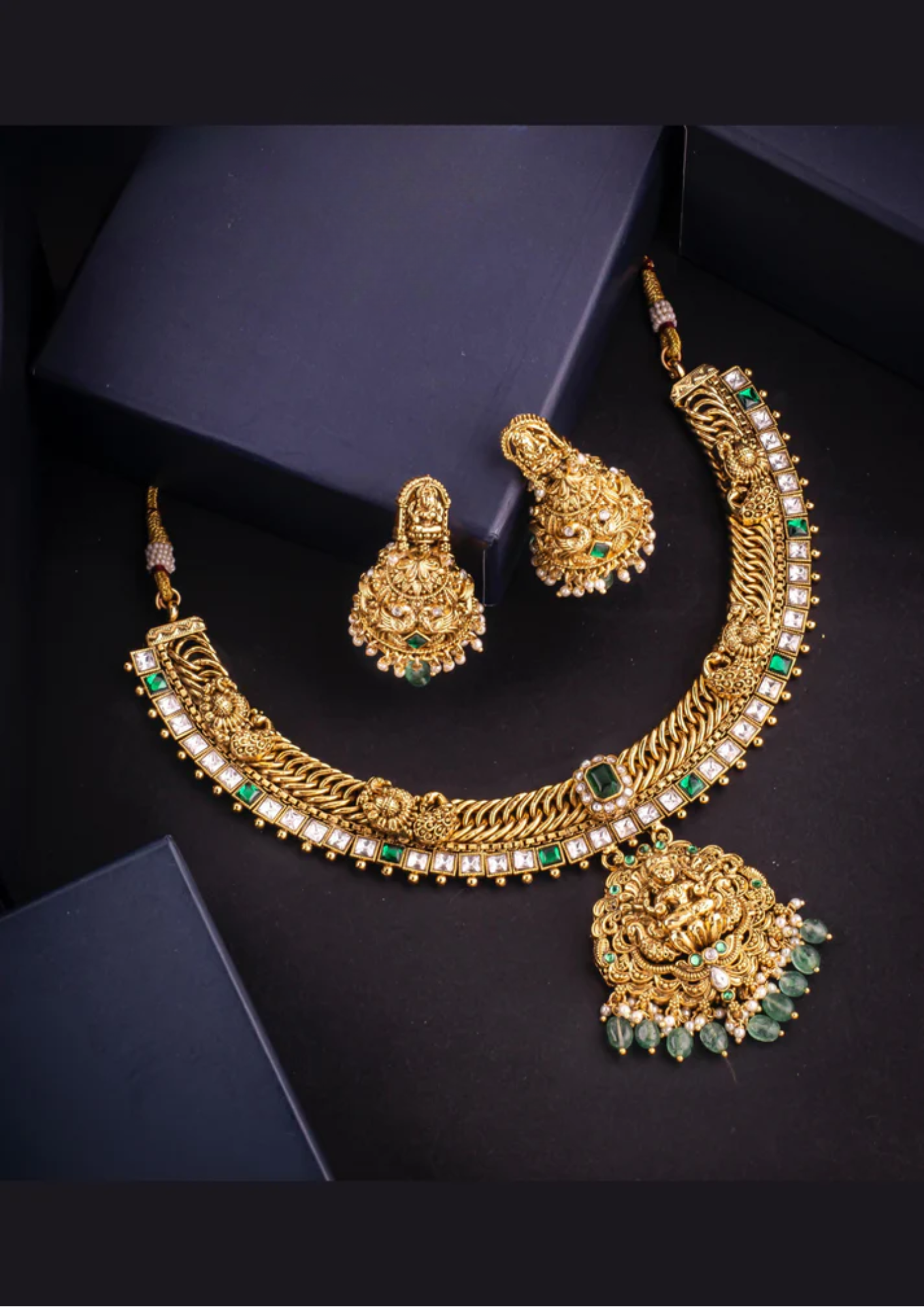 Kundan beads lord lakshmi necklace and earrings